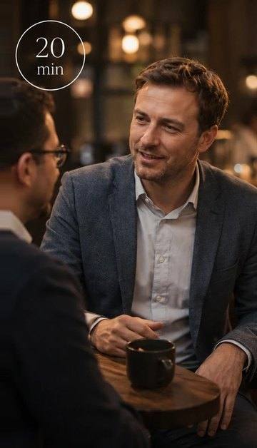 Muž se baví s druhým člověkem u stolku v kavárně